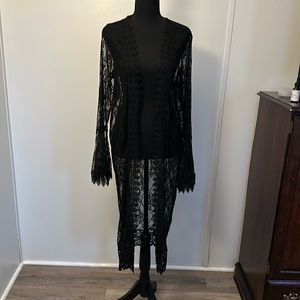 Polly & Esther Lace Duster Cardigan Floral Black - L